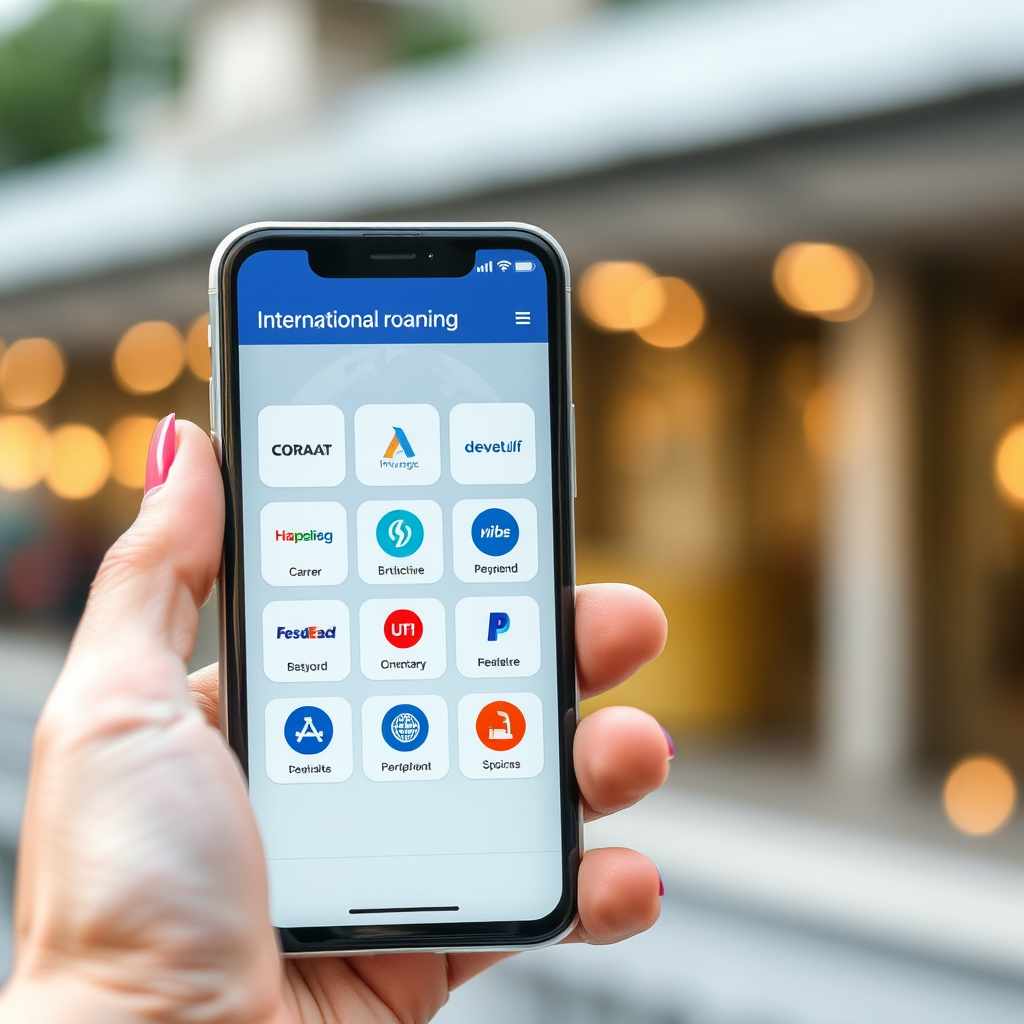 Modern smartphone displaying international roaming interface with multiple carrier logos and global connectivity symbols, representing cross-border mobile top-up services