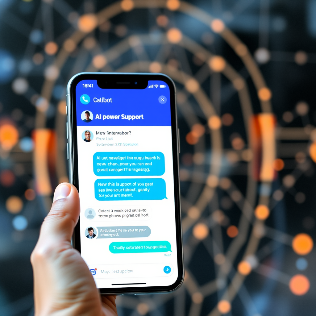 Modern AI-powered customer support interface showing chatbot conversation on mobile phone screen with digital neural network patterns in background, representing artificial intelligence technology for telecommunications customer service