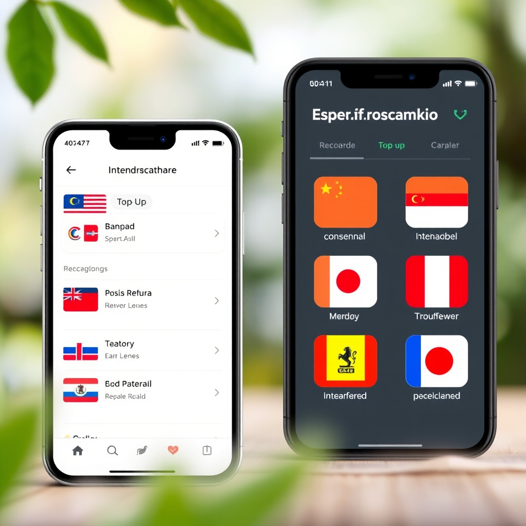 Clean mobile app interface showing international top-up options with various country flags and carrier logos, demonstrating easy online recharge functionality