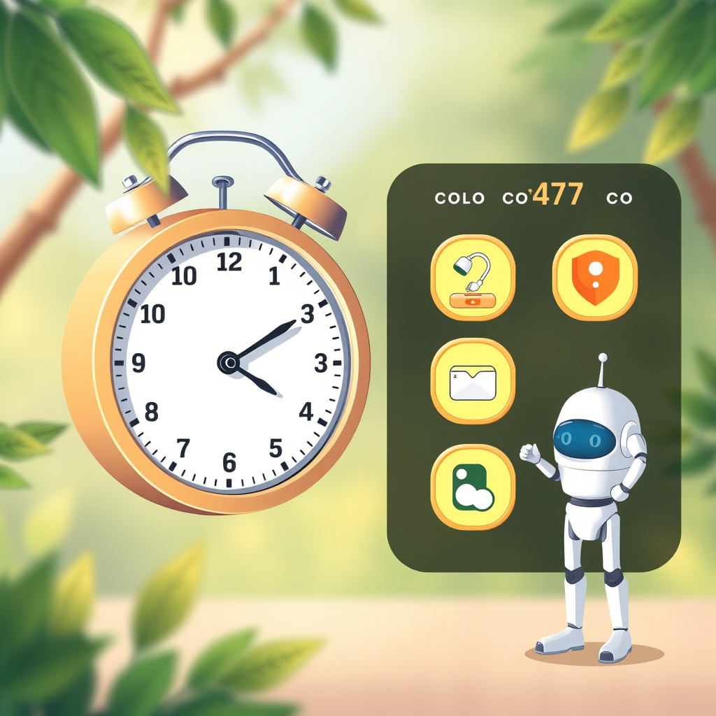 Digital illustration of 24/7 customer support concept with clock showing different time zones and AI chatbot icons providing round-the-clock mobile recharge assistance