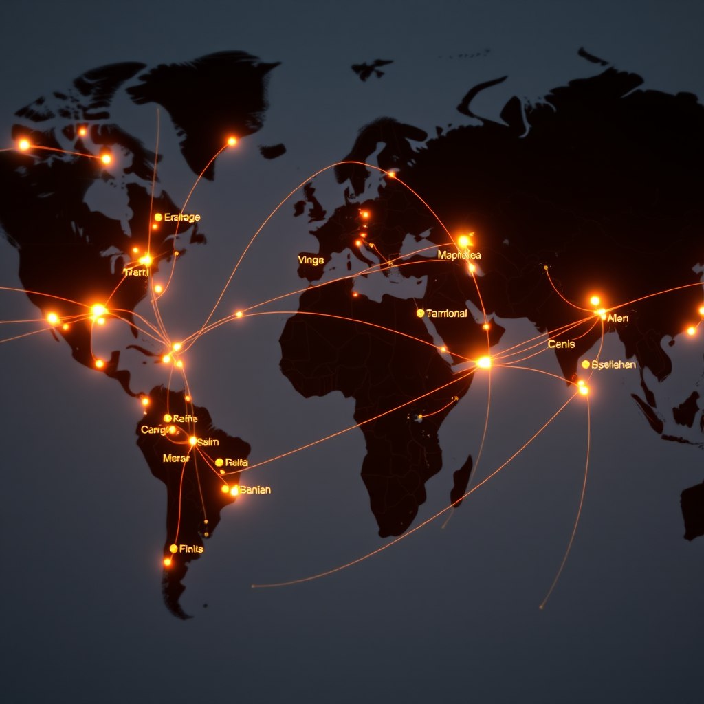 World map showing interconnected mobile carrier networks with glowing connection lines between major cities, illustrating global mobile recharge coverage
