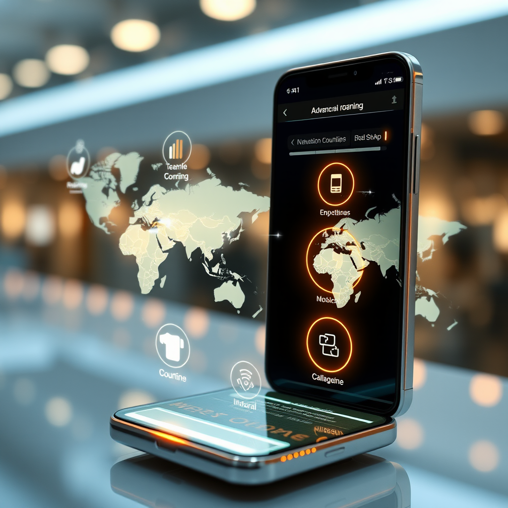 Futuristic mobile device interface showing advanced international roaming features with holographic displays and seamless connectivity indicators across multiple countries